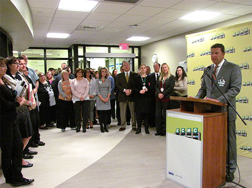 ECMC Corp. president & CEO Thomas J. Quatroche Jr., PhD, addresses audience during "ECMC Center for Orthopaedic Care" grand opening event held Thursday, April 7, 2016. 
